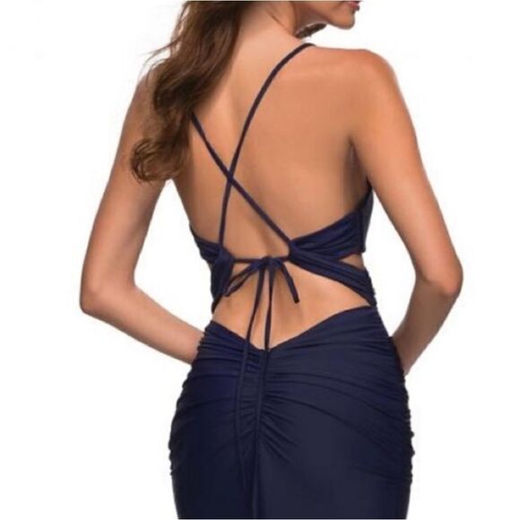 La Femme Cutout Jersey Gown Navy Cheeky Mermaid Maxi Dress Prom Gala Tie Up - Picture 5 of 8